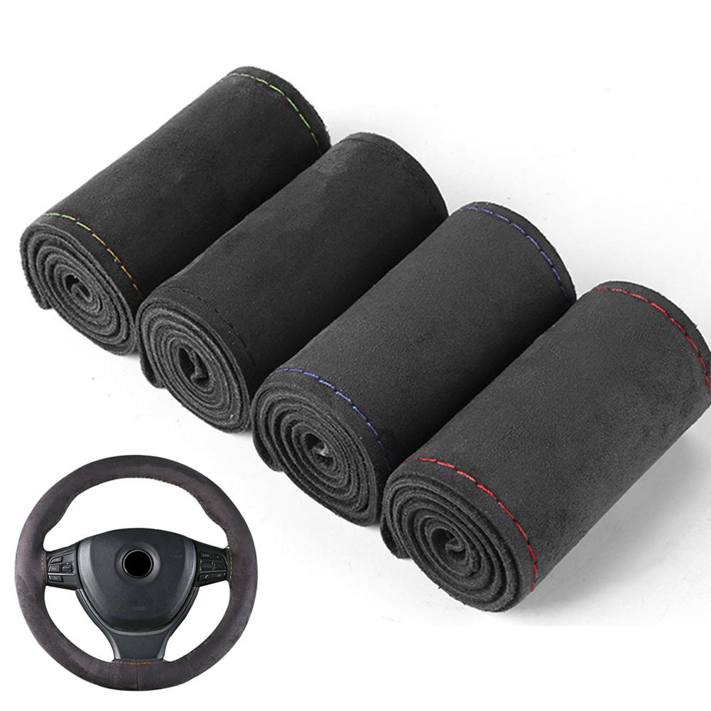 Suede Cowhide DIY Hand Sewn Car Steering Wheel Covers Auto Steering Wheel Protector Fashion Non-slip 38cm Car Accessories