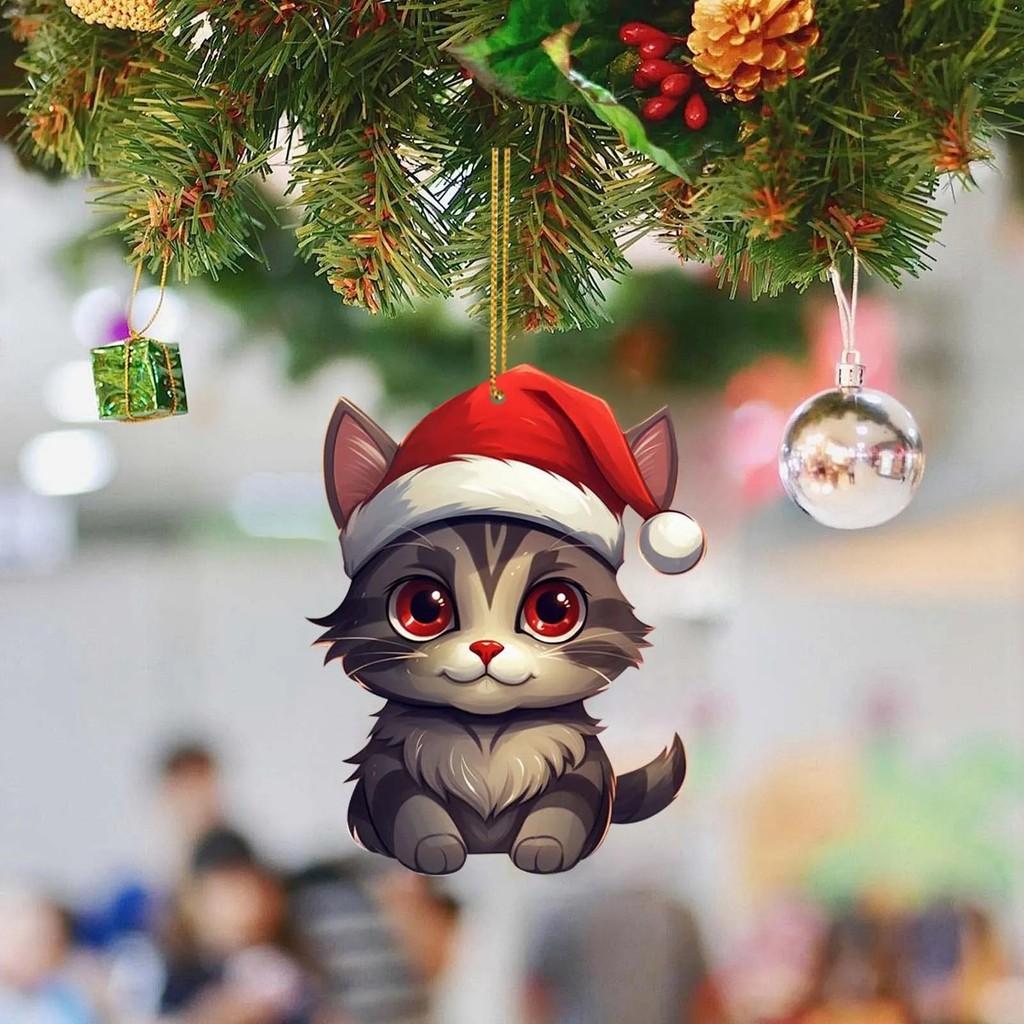 Whimsical Cartoon Style Christmas Cat Hanging Decoration For Cars In Colorful Acrylic Design