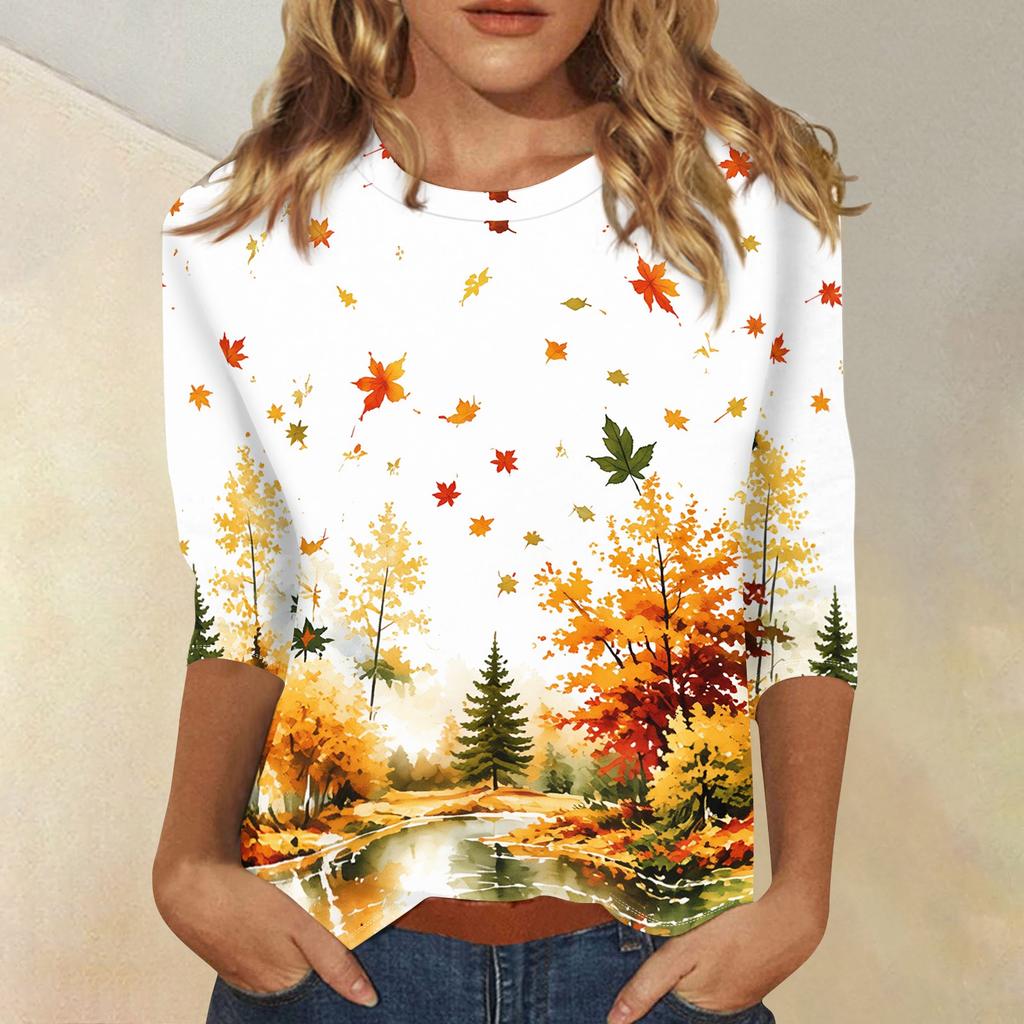 Women's Fashion 3/4 Sleeve Round Neck Top with Maple Leaf Print for Casual Wear