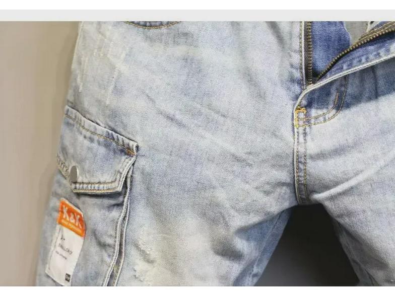 Men's Slim Light Blue Denim Workwear Shorts with Contrast Pockets