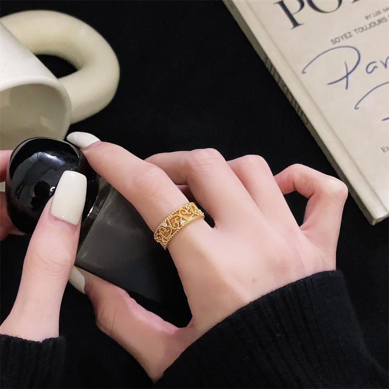 Gold Medieval Lace Slightly Inlaid Ancient Hollow Opening Ring Retro Niche Unique Light Luxury Temperament Female Index Finger Ring