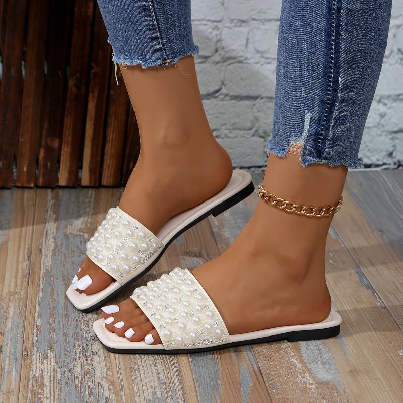 Fashion Women's Flat Shoes Summer New Square Head Open Toe Beaded Soft Soled Anti-slip Wear-resistant Sandals