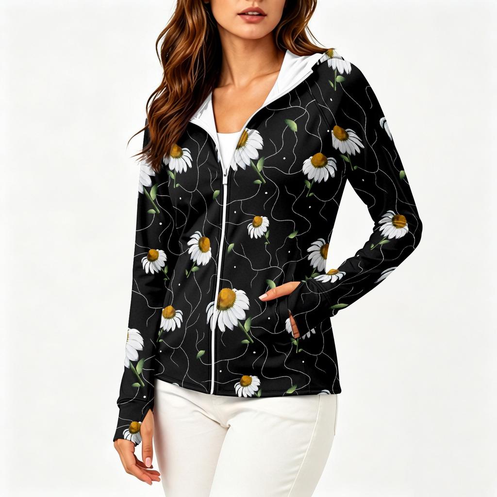 Sudadera con capucha ligera para mujer con cremallera, bolsillos, manga larga, estampado floral, chaqueta con protección solar, prenda exterior informal