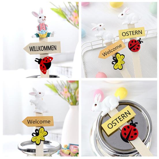 Easter Planter Stakes Wooden Porch Welcome Sign with Ladybug And Resin Bunny for Indoor Outdoor Yard Lawn Path Terrace Flower Pots Decor