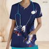 Women Plus Size Scrub Top V Neck Short Sleeve Printed Red Blue With Front Pockets
