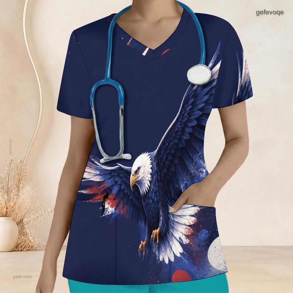 Women Plus Size Scrub Top V Neck Short Sleeve Printed Red Blue With Front Pockets