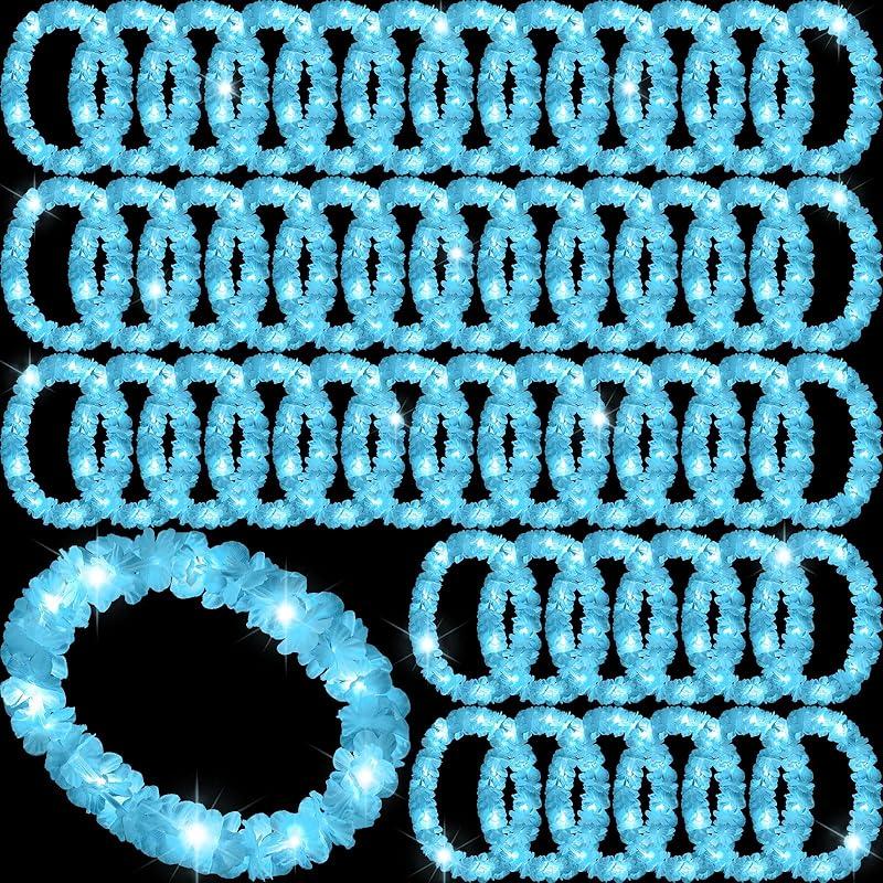 Sherr 48 Pcs LED Hawaiian Leis Light up Flower Leis Necklace with LED Lights Luau Flowers Necklaces for Masquerade Beach Wedding Tropical Themed
