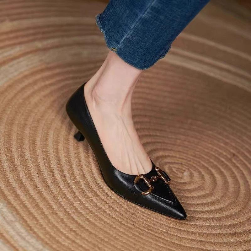 Soft sheepskin black temperament high heels women's thin heels new pointed versatile low heels work women's shoes single shoes