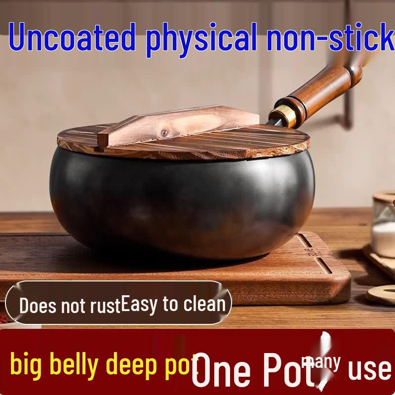 LISM Traditional Mirror Finish Iron Wok with Wooden Lid