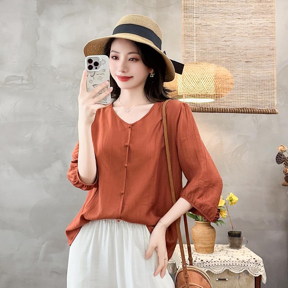 Women's Summer Fashion V-neck Shirt, Mid-sleeved Blouse, Cardigan, Fashion Casual T-shirt