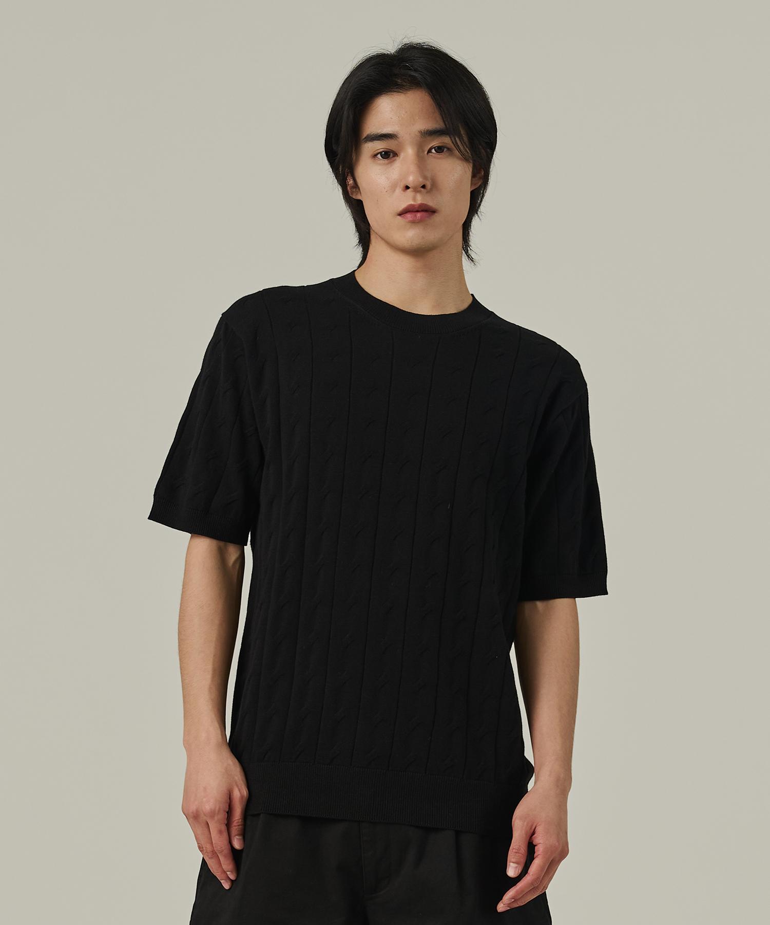 Analog Mood Cable Round Short Sleeve Knit (Black) Free