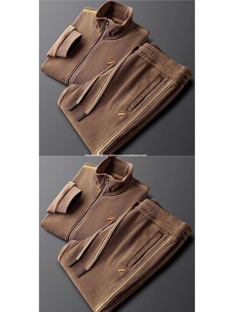 Men's Trendy Slim Fit Casual Sports Suit: Warm, Solid Color, Striped Two-Piece Set with Jacket & Straight-Leg Pants for Fall/Winter