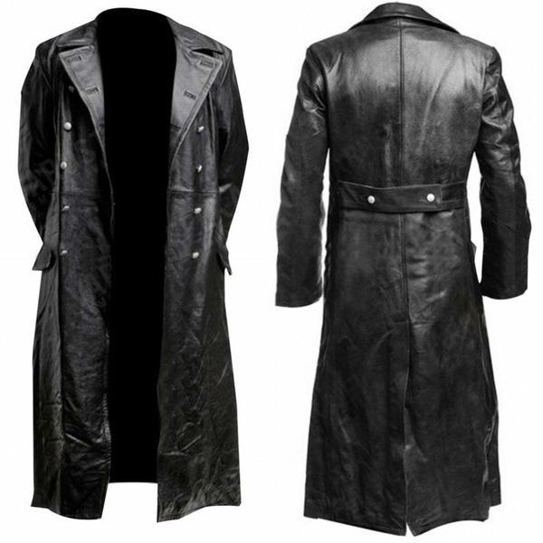 Men's Plus Size Double-Breasted Leather Trench Coat - German Military Style for Autumn/Winter