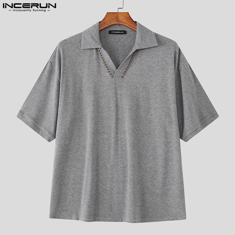 INCERUN Men Lapel Neck Short Sleeve Casual Loose T-shirts Tops