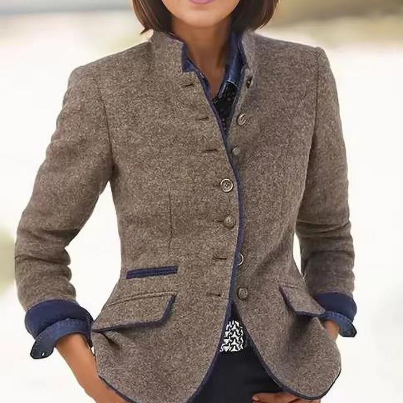 Single Slim Jacket Turtleneck Long Sleeved Coat Winter Elegant Pocket Short Outwear