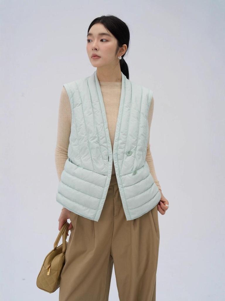 Gilet sans manches léger en duvet à col en V pour femme - 90% duvet, sans manches, amincissant, pour l'automne et l'hiver.