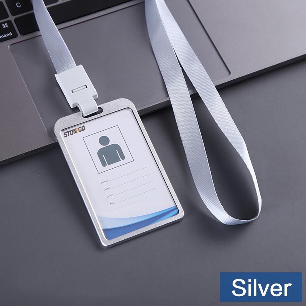Vertical ID Name Card Case Aluminum Alloy Business Card Badge Holder Lanyard Strap Stonego Company Office Supplies серебряный