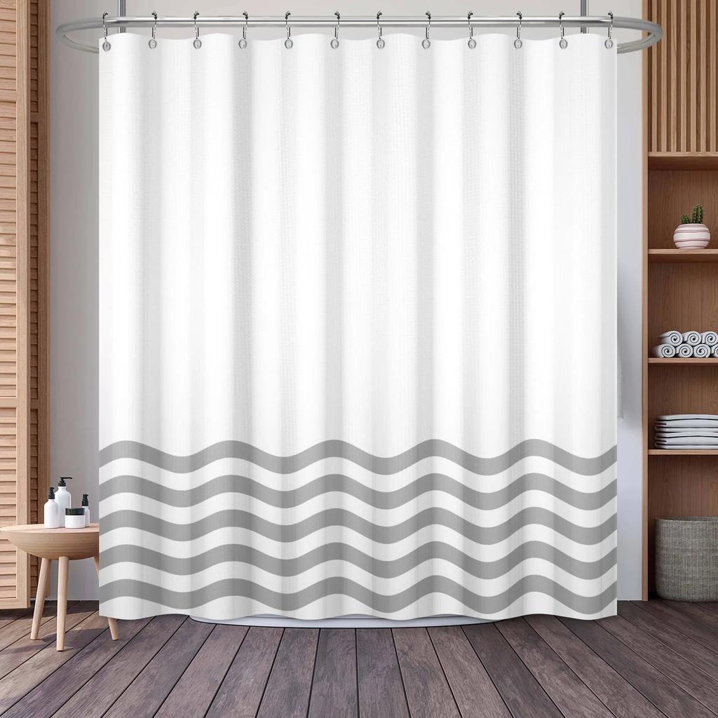 Waffle Shower Curtains Modern Hotel Style Striped Geometric Pattern Bath Decor Waterproof Polyester Bathroom Curtain with Hooks