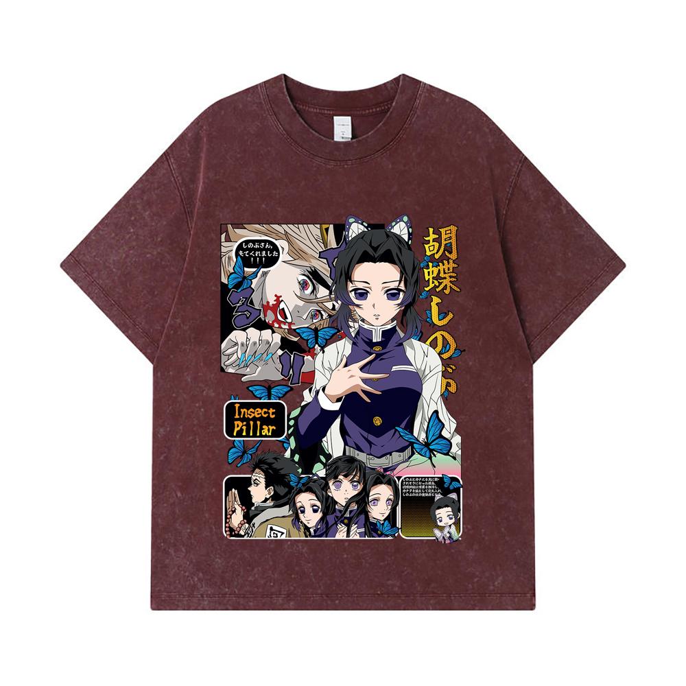 275 GSM Washed T-shirts 100% Cotton Demon Slayer V16 Shinobu Print Unisex Heavy Cotton T Shirt