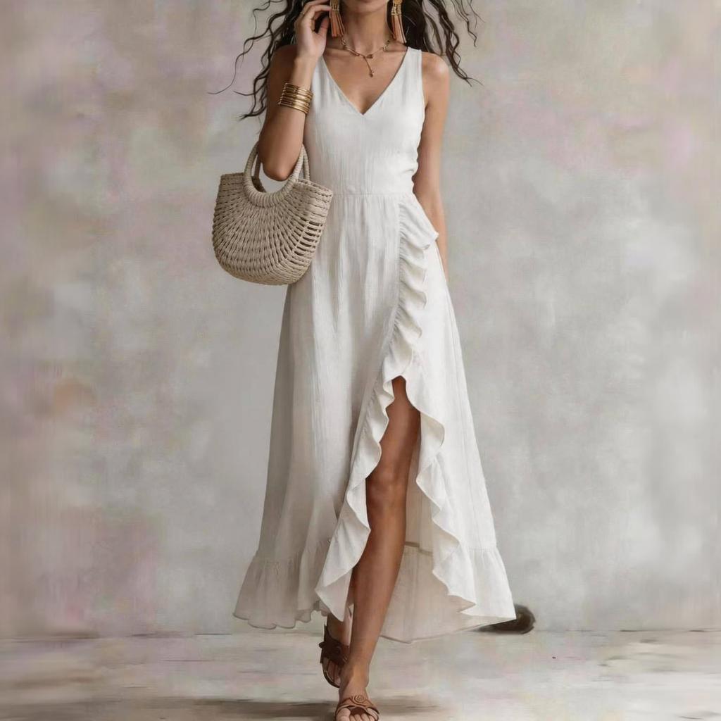 V Neck Sleeveless Ruffle Split Maxi Dress for Women Elegant Sundresses for Women Vacation Outfits for Women Casual Dresses for Women