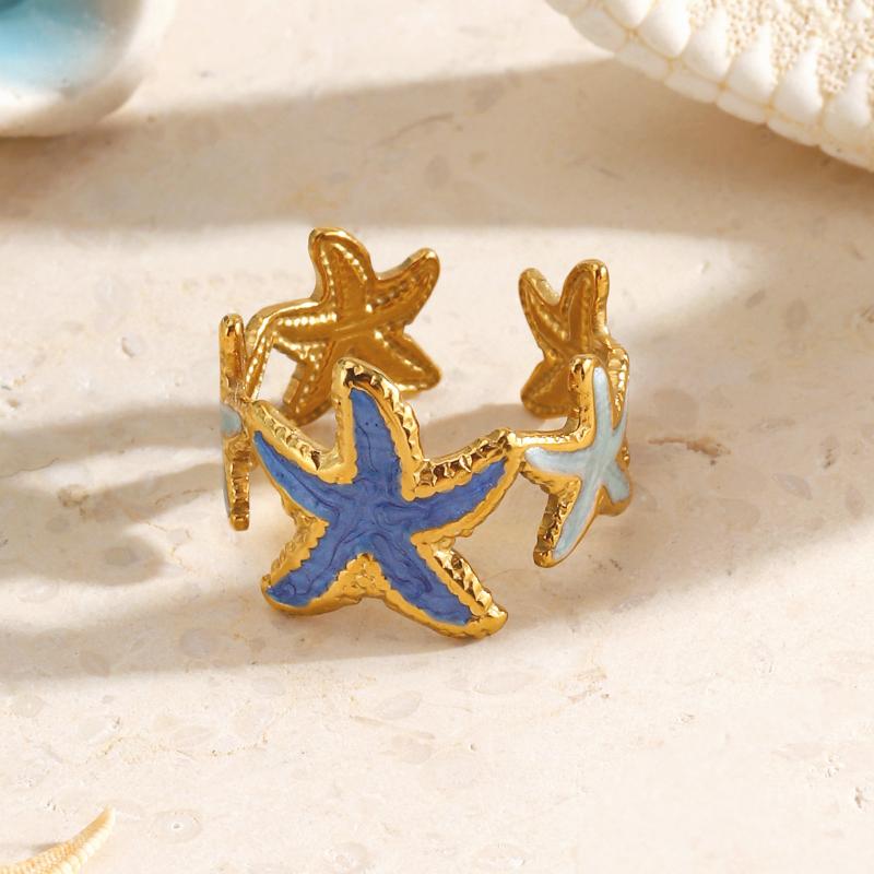 Colorful Dripping Oil Stainless Steel Starfish Rings for Women Men Bohemian Opening Rings Vacation Style Jewelry Accessories