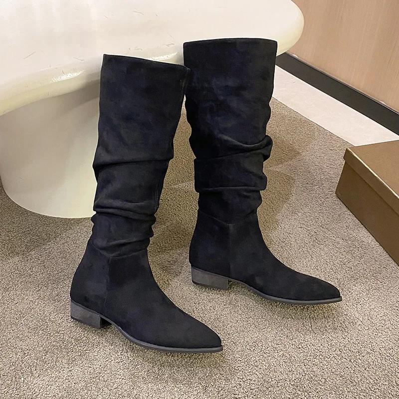 New Pleated Boots Women Black Nude Faux Suede Flock Knee High Boot Ladies Flat Autumn Winter Dress Shoe 40 Solid Slip On Botas