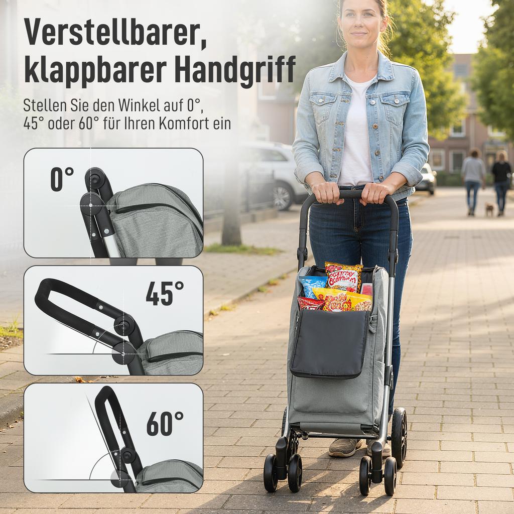 Shopping Trolley, 46 Litre Bag, Foldable Shopping Cart with Cooler Bag, Adjustable Handle, Aluminum Frame, Grey