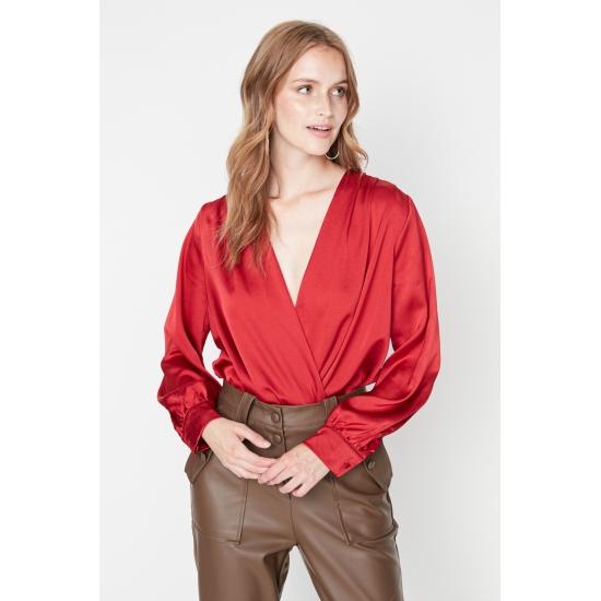 Bluze&Cămăşi Dublu Decolteu Umăr Plisat Elegantă Bluză din Satin