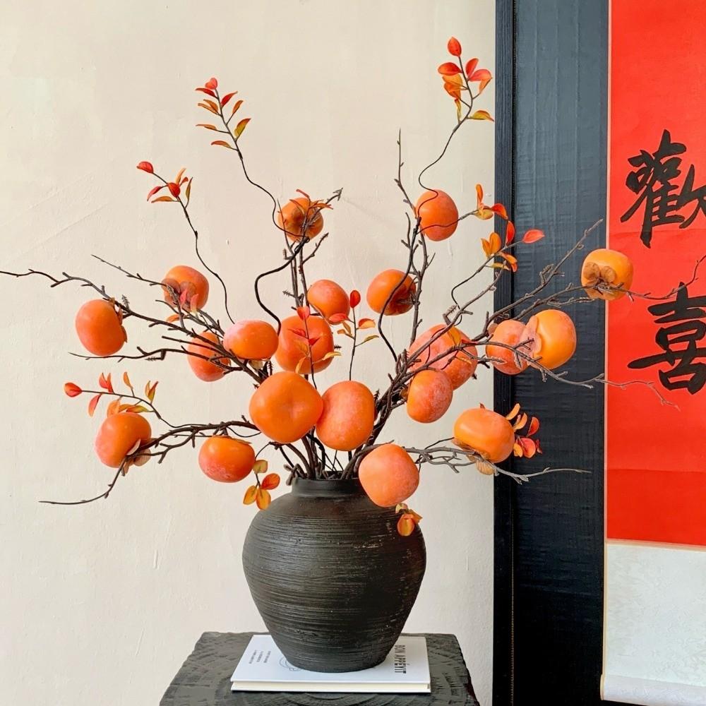 3/5/7 Heads Artificial Persimmon Branch Realistic Handmade Simulation Persimmon Fruit Plastic Elegant Fake Plants Home Decor