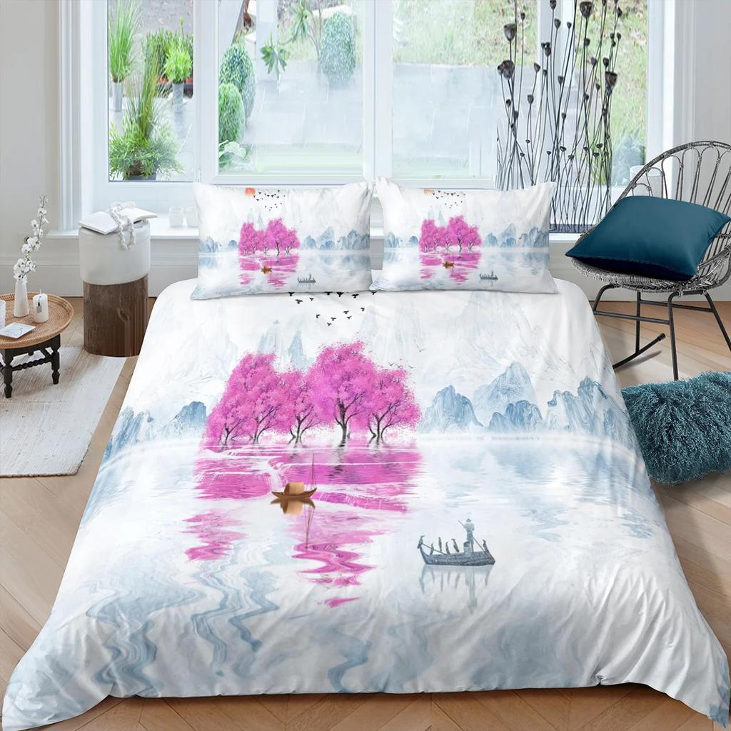 Natural Landscape King Queen Duvet Cover Comic Ink Painting Style Bedding Set Adults Tree Mountain River Polyester Quilt Cover