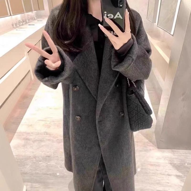 Schwarz-grauer doppelseitiger Kaschmirmantel für Damen im Herbst und Winter, neuer mittellanger Wollmantel im koreanischen Stil, hochwertiger Mantel