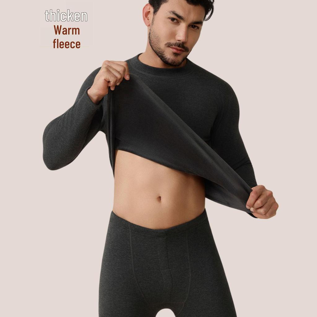 Men's and Women's Fleece-lined Crew Neck Warm Underwear Set: Heat-generating, Cold-proof, Pure Cotton for Autumn.
