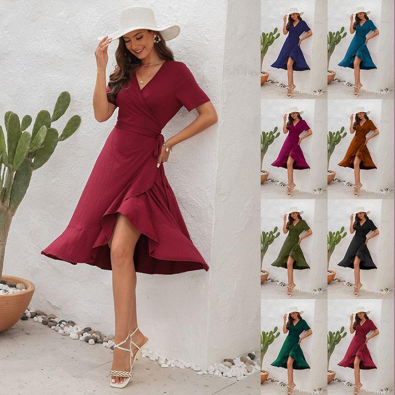 

2024V-Neck High Waist Strap Solid Color Dress Dress Blue M