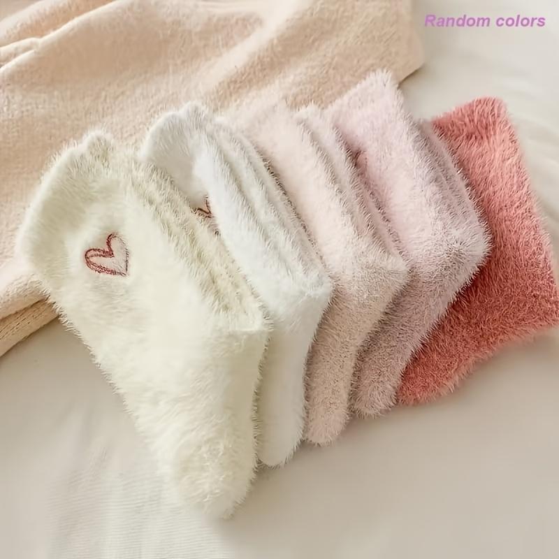 8/16/24pcs Women'S Heart Embroidered Plush Socks, Winter Thickened Warm Floor Socks, Socks, Cartoon Warm Sleeping Socks, Trendy