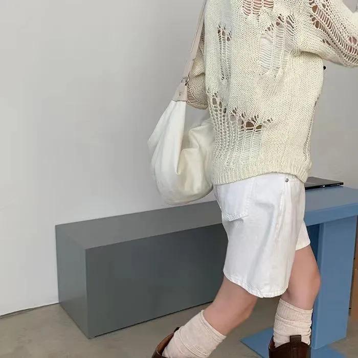 WTEMPO Spring Summer Long-sleeve Hollow-out Breathable Sweaters Solid Color Loose Thin Knitted Pullovers Jumpers Tops