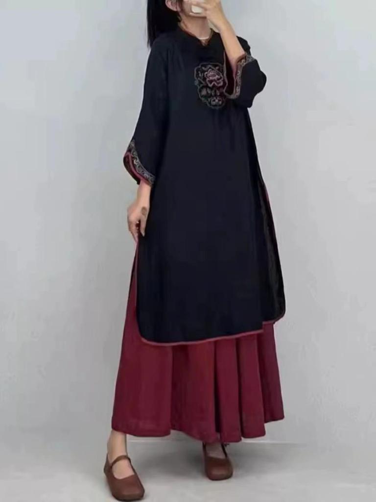 Embroidered Cotton Linen Cheongsam: Mid-Length Ethnic Summer Dress