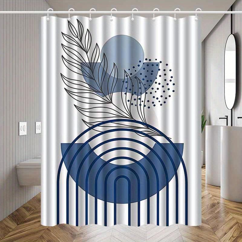 1Pc Blue Bohemian Abstract Leaf Pattern Shower Curtain, Polyester Fabric, Machine Washable, Suitable For Bathroom Decoration