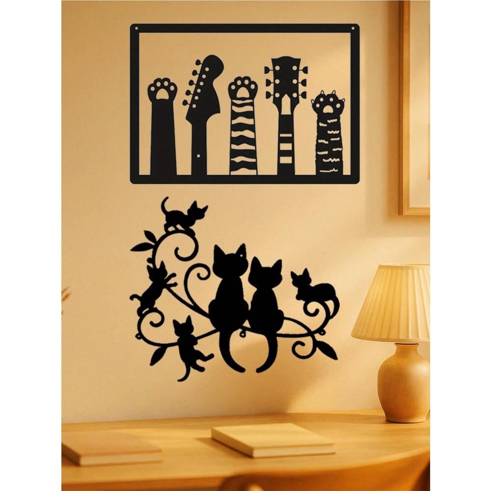 Vintage Guitar & Cat Metal Wall Art Decor Set, Two-Piece Sculpture for Modern Home Accent, Living Room, Bedroom, Waterproof Rustproof Iron Art