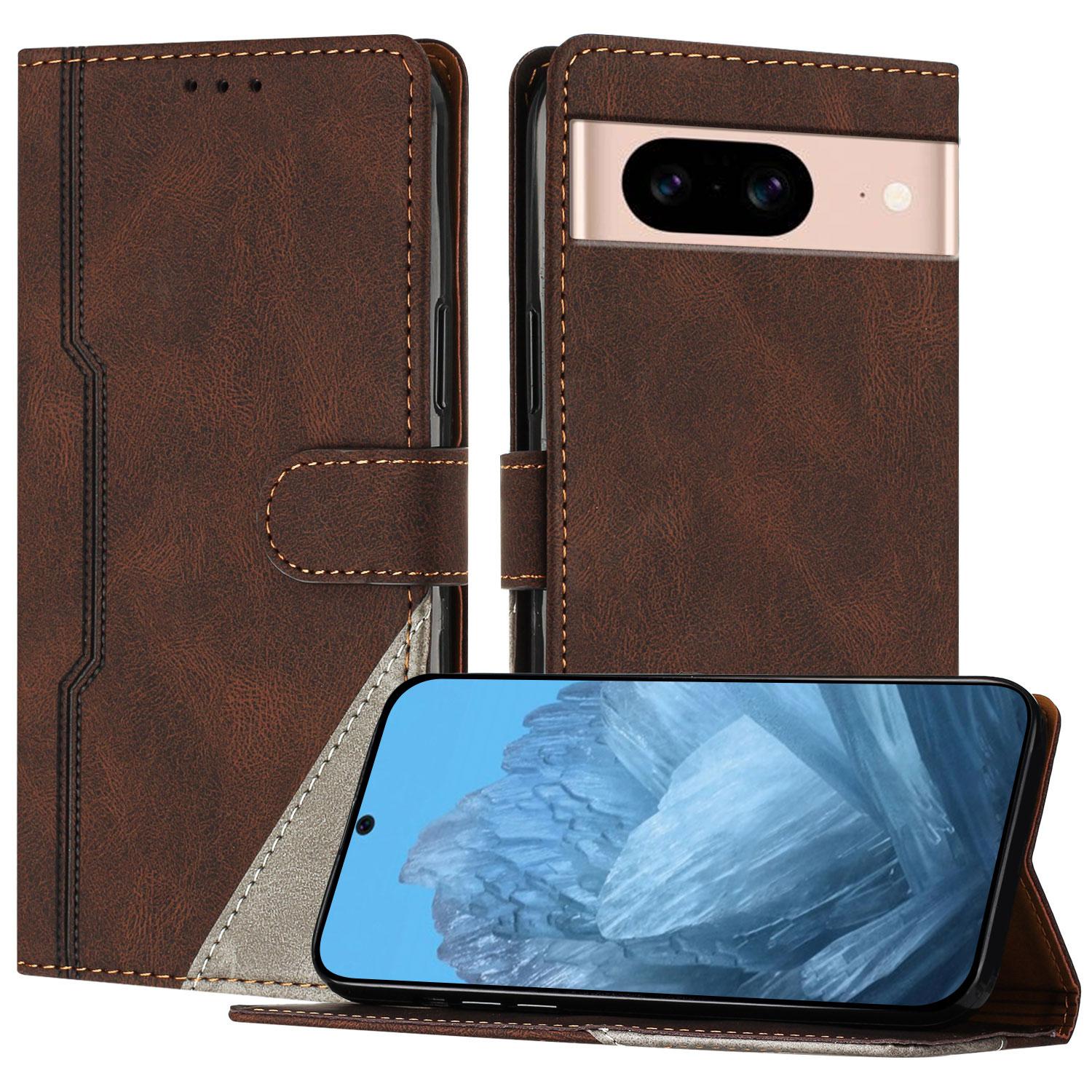

For Google Pixel 8a Leather Case Triangle Patchwork Wallet Stand Shockproof Phone Cover Brown