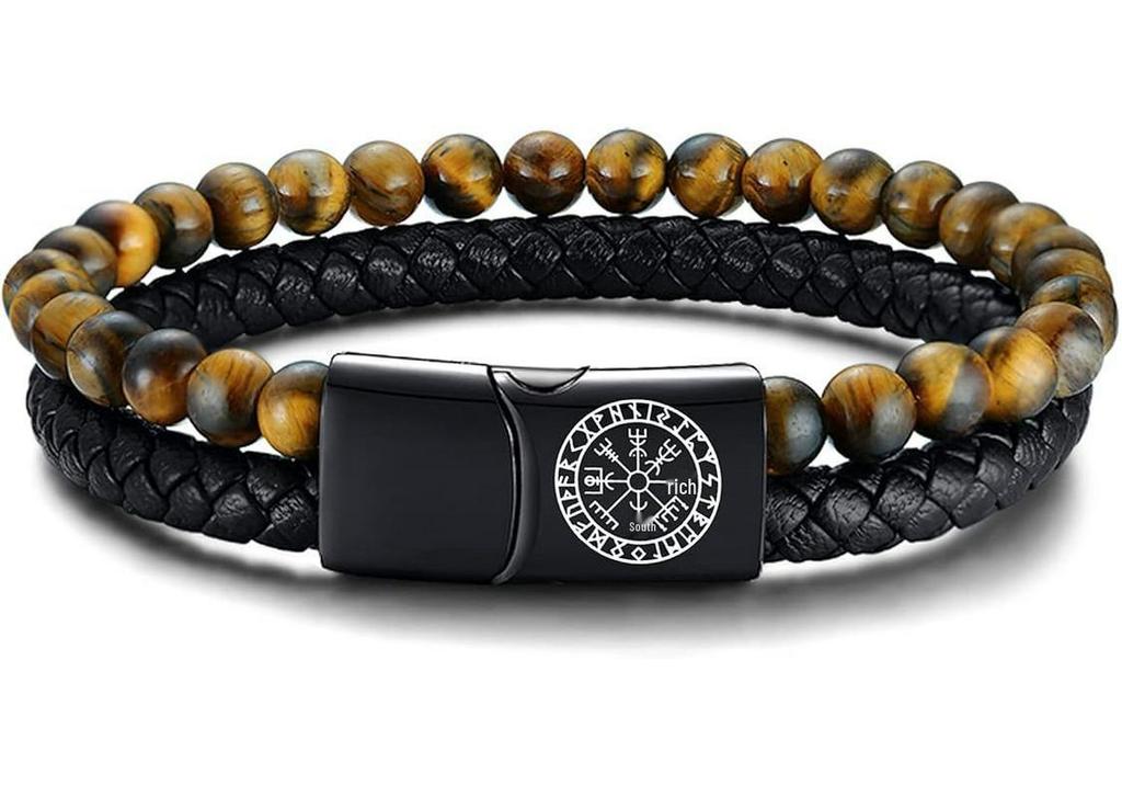 Men's Double Layer Leather Bracelet with Tiger Eye Stones