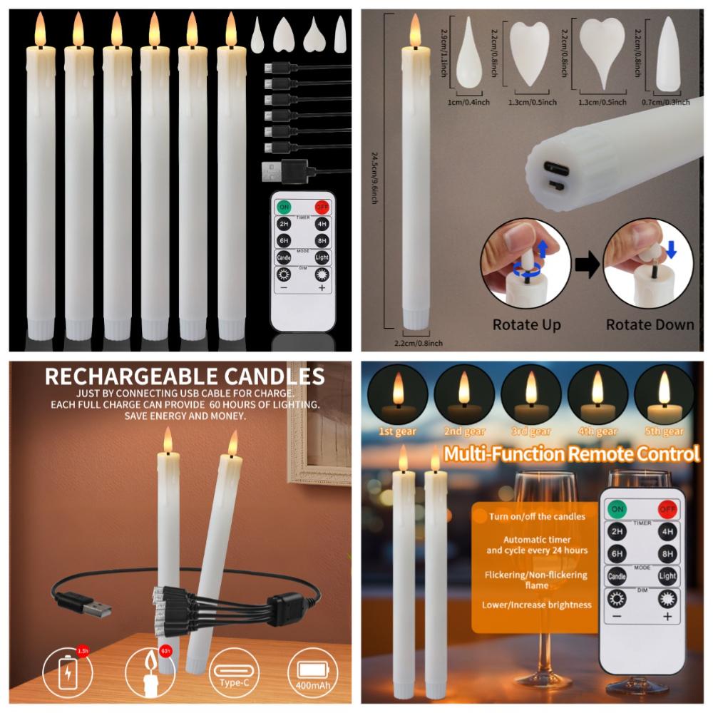 Flickering Taper Led Candles with Remote Control and Timer Flameless LED Candlesticks 3D Flame Candles for Christmas Halloween