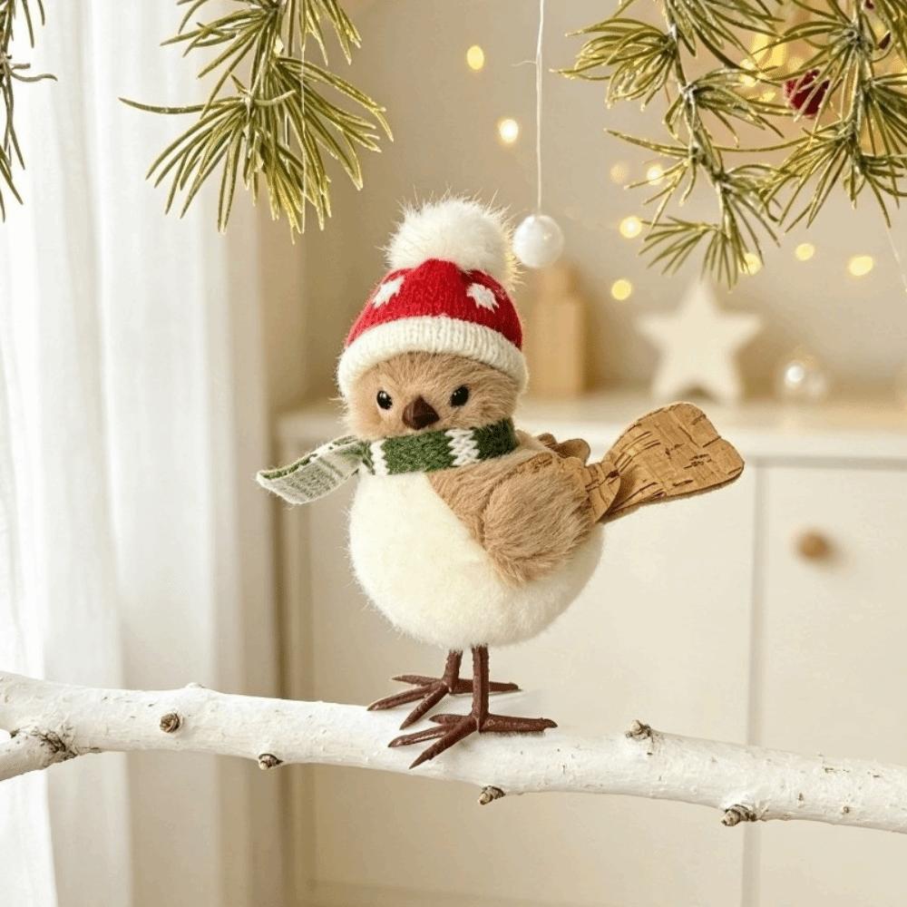 Mini Creative Bird Ornament Red Bow Tie Scarf Christmas Tree Hanging Pendant Christmas Hat Cute Xmas Decoration Party Decor