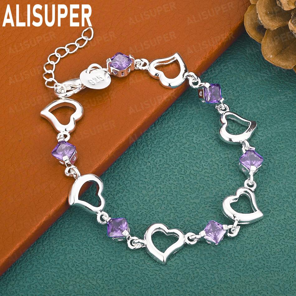 925 Sterling Silver Heart-Shaped Side Chain Bracelet Gift Jewelry 20CM