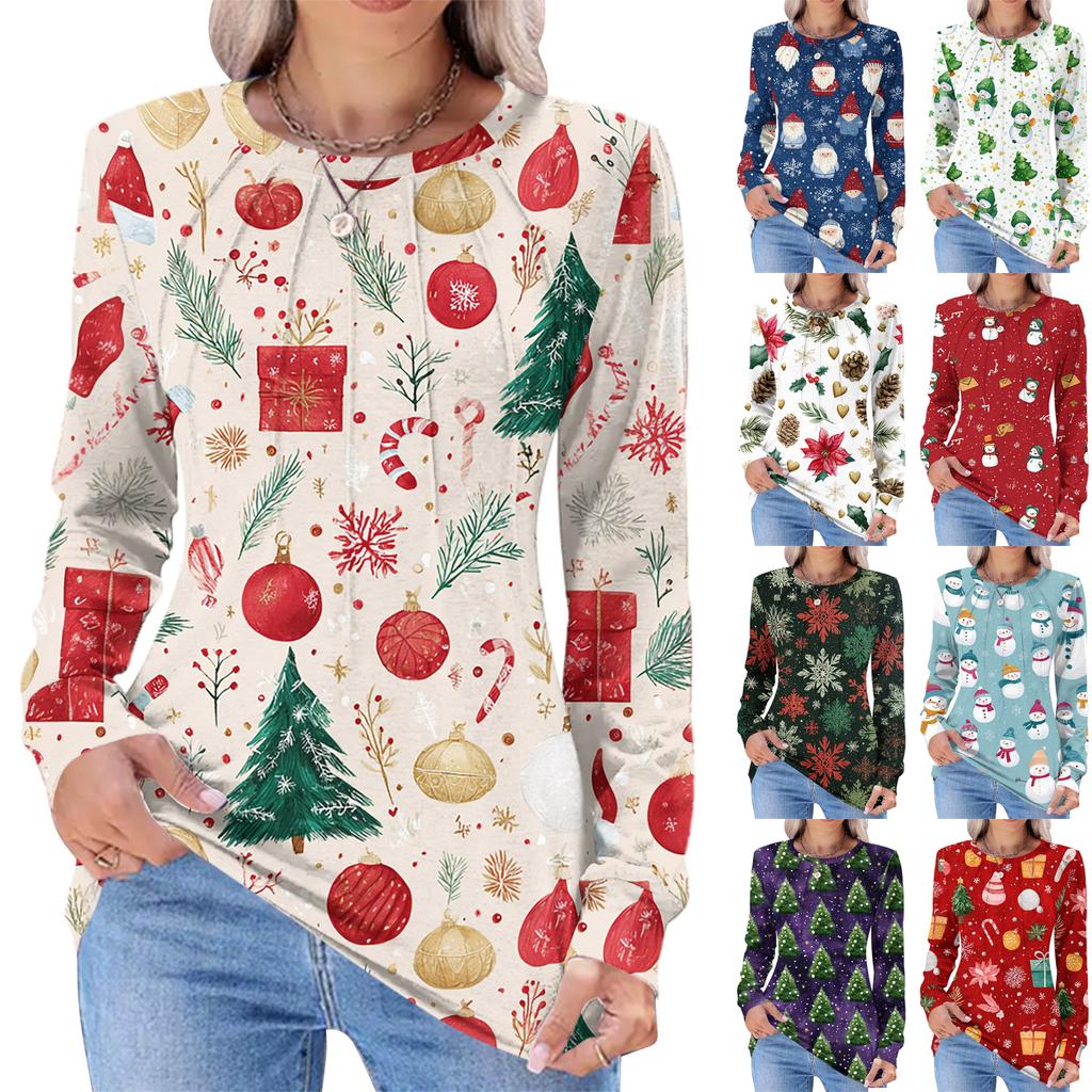 Women's Fashionable Casual Christmas Printed Pleated Comfortable Round Neck Loose Long Sleeve T-Shirt Top
