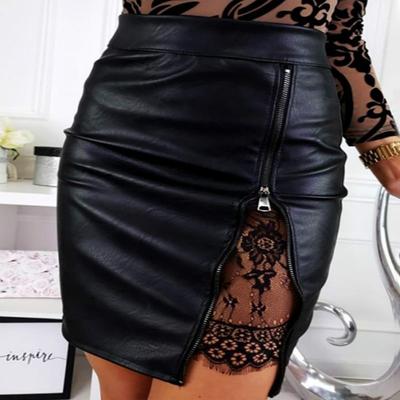 Dámská štíhlá sexy sukně s krajkovým zipem z PU kůže
