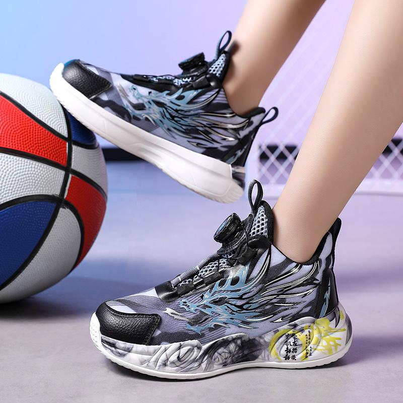 Children's Sports Shoes 2025 New Summer Boys Button Basketball Shoes Mesh Breathable Soft-soled Running Shoes