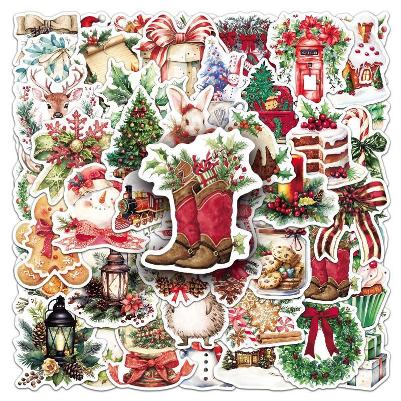 50 Retro Watercolor Christmas Stickers Holiday Decorations Hand Curtain Water Cup