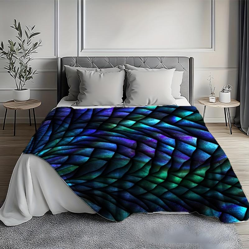 1pc Tri-Color Dragon Scale Print Flannel Throw Blanket - Soft Warm & Cozy for Couch Bed Office and Travel - Versatile