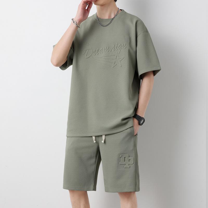 Souprava šortek s kulatým výstřihem Volný ležérní Jednobarevný Pánské tričko s krátkým rukávem Šortky Tenké