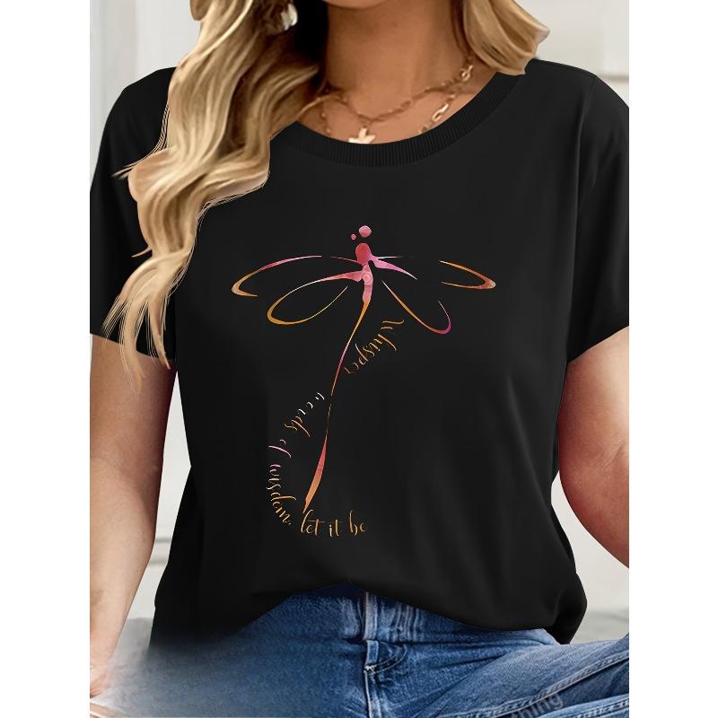 Europäische Größe Damen&Apos;S Libellen-Print T-Shirt, Lässiges Rundhals-Kurzarm-T-Shirt, Frühling/Sommer Basic Alltagsbekleidung, Maschinenwaschbar, Grafik-T